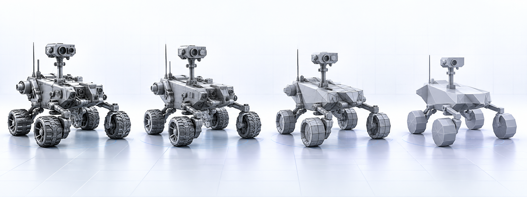 Four levels of detail of the same 3D rover