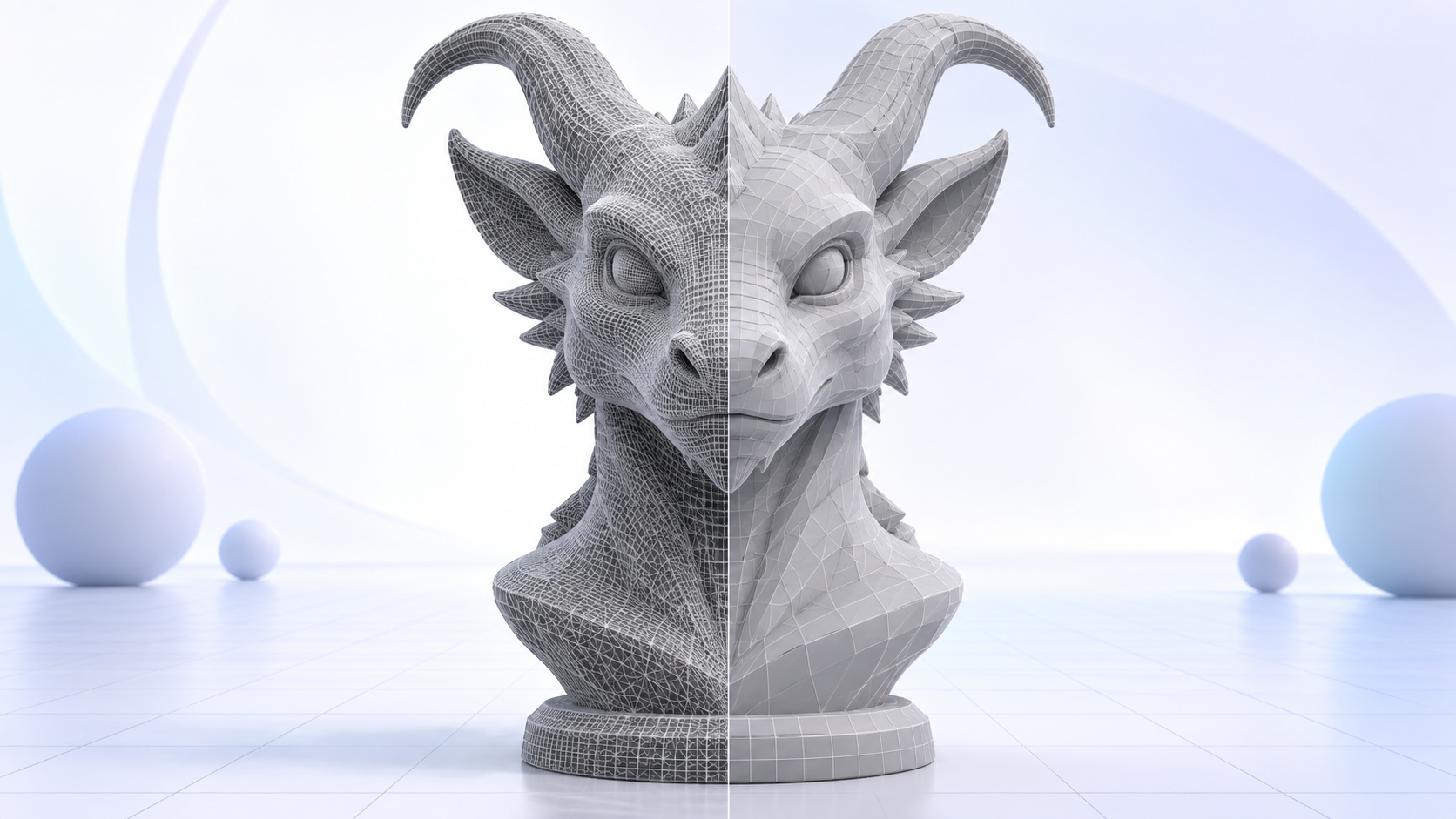A dense 3D creature mesh transformed into a clean optimized mesh